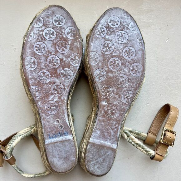 Tory Burch Camelia Tan Taupe Blended Jute Espadrille Wedge Sandal Ankle Strap 10 - Picture 15 of 16